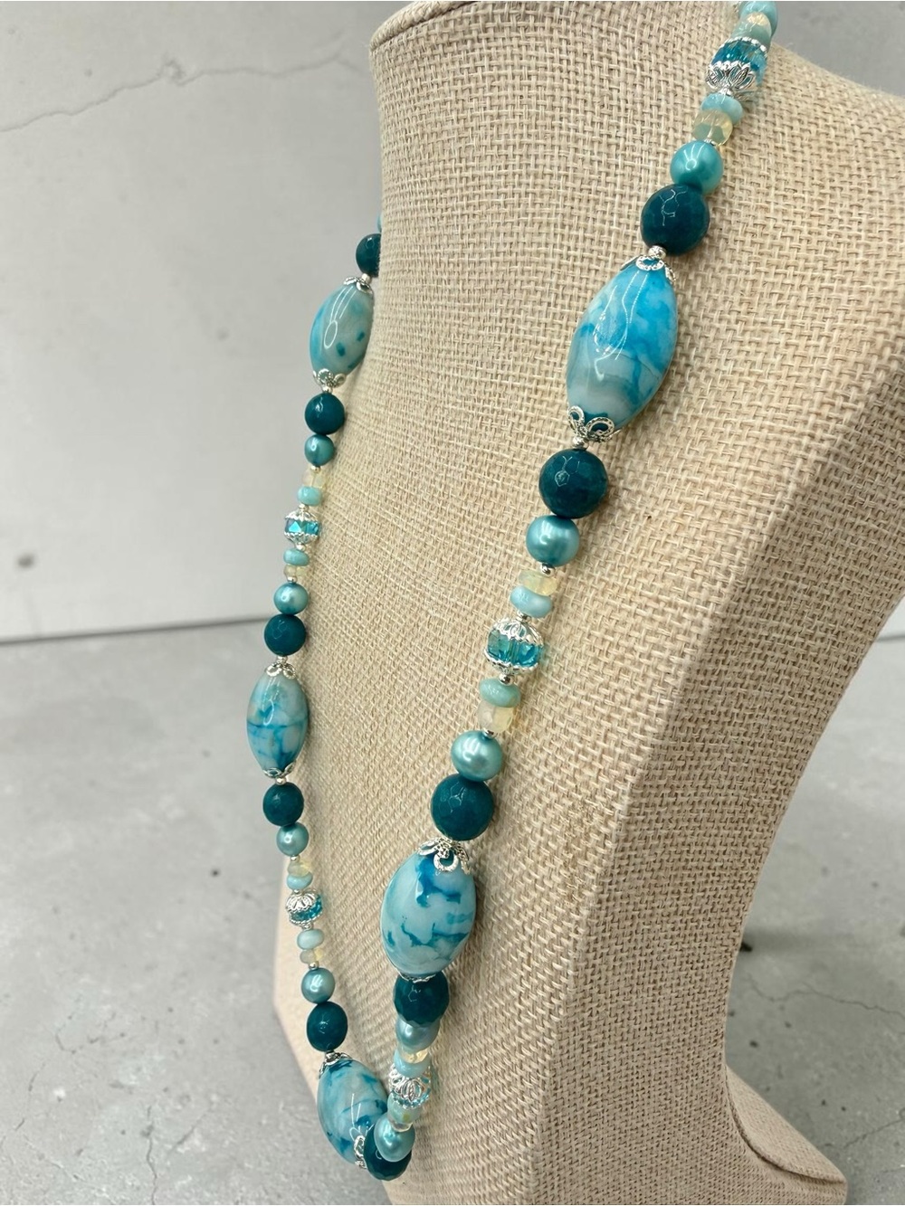 Artisan Murano Style Glass Larimar Apatite Opal Pearl Necklace 22” Ocean Blue - Picture 15 of 17